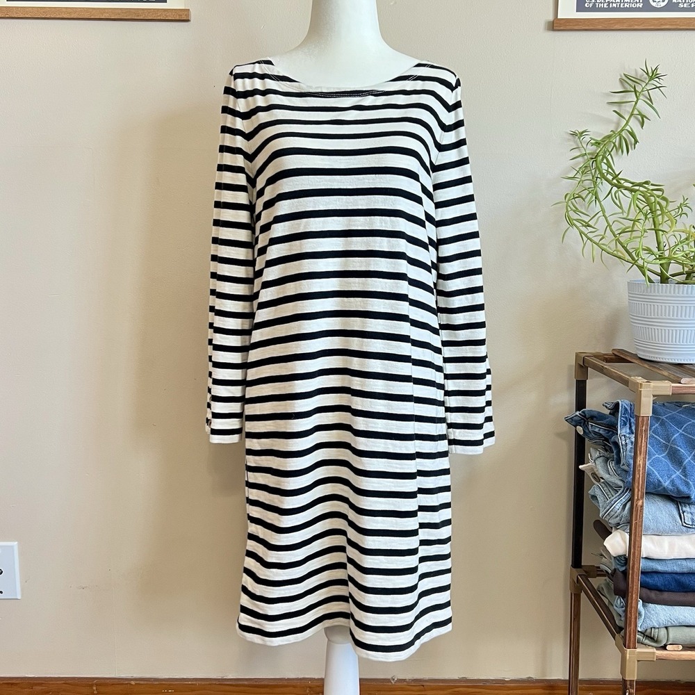 Women's Striped J.Crew Dress Midi Size Small GUC 100% Cotton Black White Piping